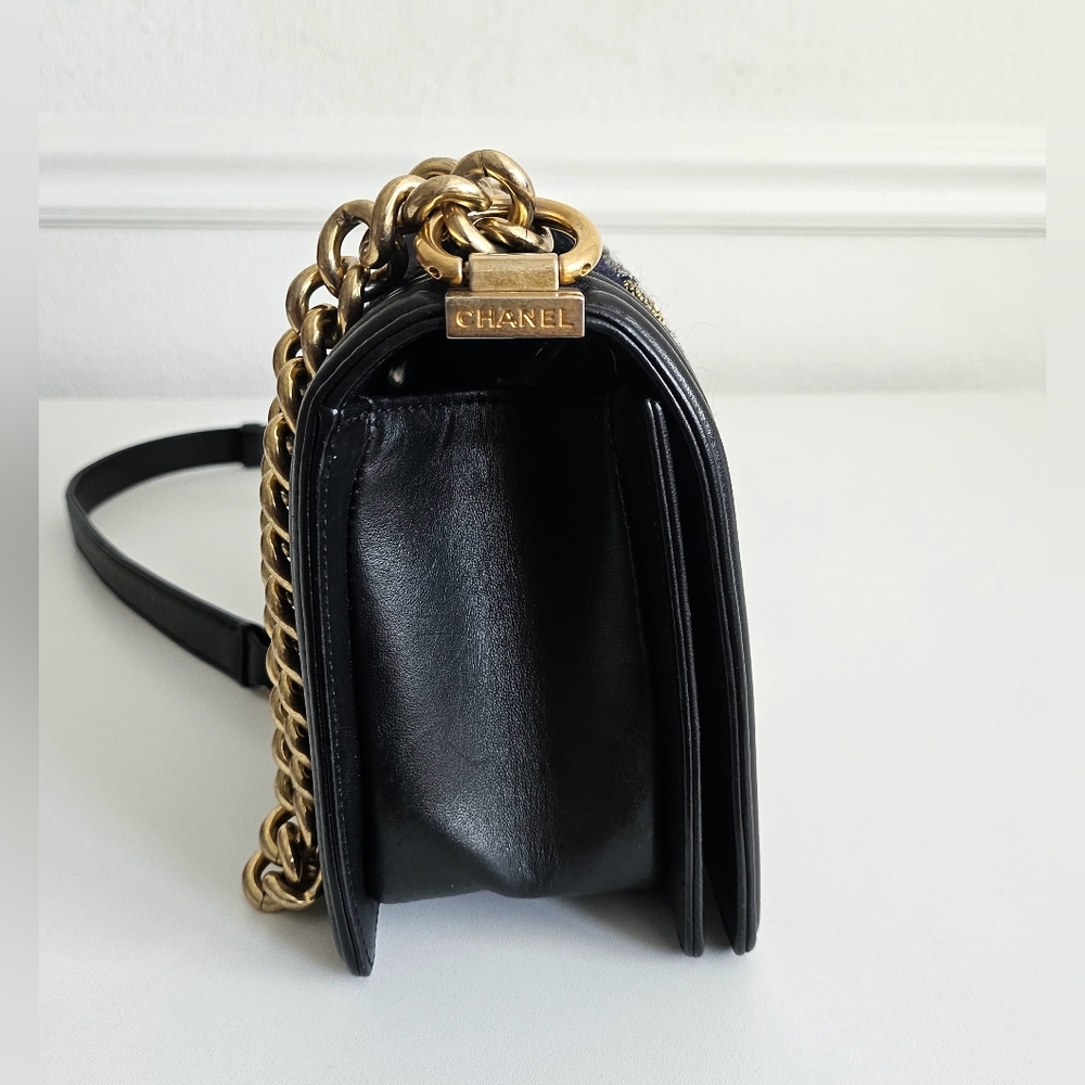 Chanel Black Lambskin Metallic Tweed Embroidered Medium Boy Bag - Picture 5 of 14